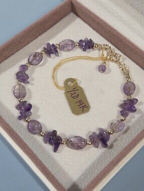 Genuine 1/20 14K Gold Artisan Beaded Bracelet With Natural Amethyst Gemstones
